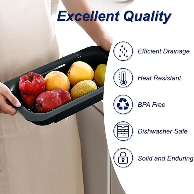 Extendable Sink Colander Strainer Basket - Wash Vegetables and Fruits, Drain Cooked Pasta and Dry Dishes - Adjustable Over the Sink Colander Collapsible Drainer Basket - Black