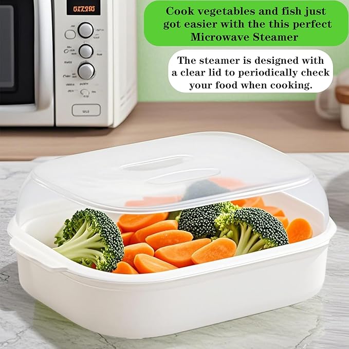 Microwave Steamer for Vegetables, Plastic Microwave Vegetable Steamer with Lid for Vegetables Prep Seafood Fish Cooking, White-Rectangle, 10.6Inch