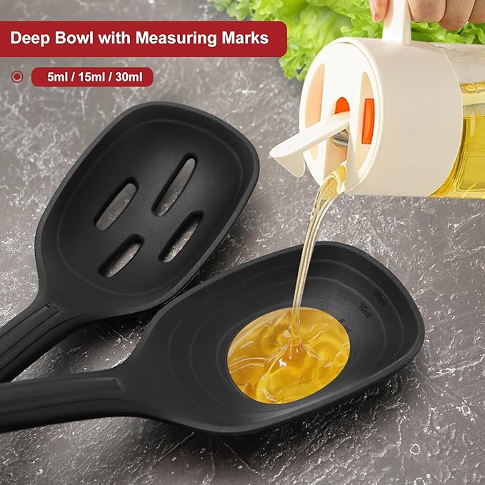 2 Pack Large Silicone Cooking Spoon with Measuring Mark, Premium Non-Stick Solid and Slotted Serving Spoons Set, Heat Resistant Kitchen Utensils for Mixing, Stirring, Scooping, Scraping