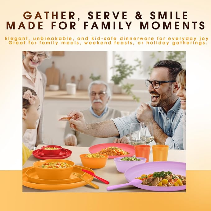 Boho Plastic Dinnerware Sets – 40-Piece Sunset Style Plates and Bowls Sets for 8, Reusable Unbreakable Dishes with Cups, Forks, Knives and Spoons, for Camping, Picnic or Everyday Use
