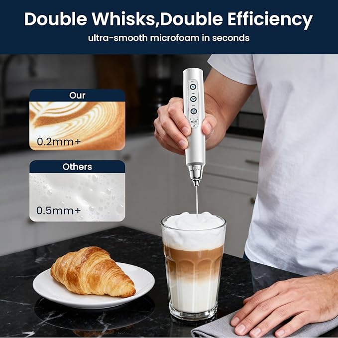 Milk Frother Rechargeable Handheld-Electric Whisk 3 Speed Adjustable, Coffee Frother Wand with 3 Stainless Whisks, Electric Foam Maker, Drink Mixer Blender for Latte Cappuccino Matcha Egg