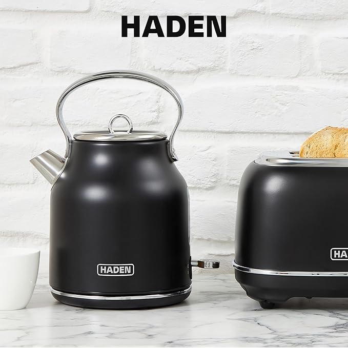 HADEN Heritage 1.7 Liter Stainless Steel Electric Kettle, Hot Water Kettle with 360-Degree Base and Auto Shutoff, Black & Chrome