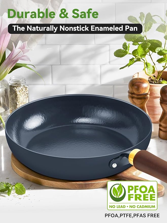 Nonstick Frying Pan, 9.5-Inch Enameled Carbon Steel Pan, Stay-Cool Wooden Handle Stir-Fry Pan, Non Toxic, PTFE & PFOA Free Oven-Safe, Season-Free Carbon Steel Skillet For All Stovetops