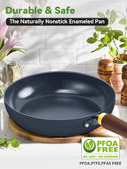 Nonstick Frying Pan, 11-Inch Enameled Carbon Steel Pan, Stay-Cool Wooden Handle Stir-Fry Pan, Non Toxic, PTFE & PFOA Free Oven-Safe, Season-Free Carbon Steel Skillet For All Stovetops