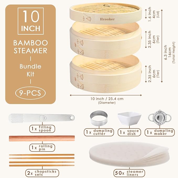 Bamboo Steamer Basket Set, 10-Inch 2-Tier Steamer for Cooking, Chopsticks Liners Sauce Dish Dumpling Making Tools, Steaming Asian Food, Bao Buns, Meat, Dim Sum, Rice, Vegetable Steam Pot