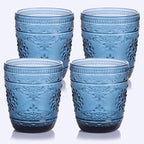 Blue Glassware set of 4, 10OZ Drinking Glasses, Blue Heavy Duty Glass Cups, Old Fashioned Glass, Embossed Glasses Set for Party Wedding Home Office Glassesware Gift