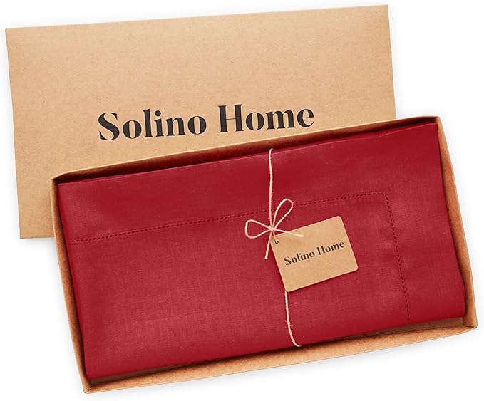 Solino Home Red Linen Tablecloth 52 x 52 Inch - 100% Pure Linen Square Table Throw - Classic Hemstitch, Machine Washable Table Cloth for Summer