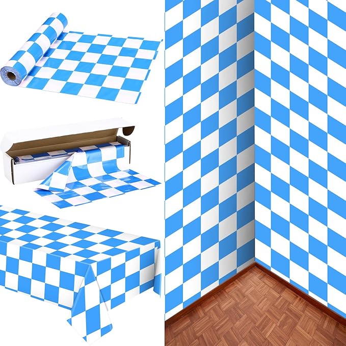 Tudomro 54 Inch x 100 FT Oktoberfest Tablecloth Roll, Oktoberfest Themed Party Supplies, Waterproof Plastic Blue and White Checkered Tablecloth for German Themed Birthday Party Decorations