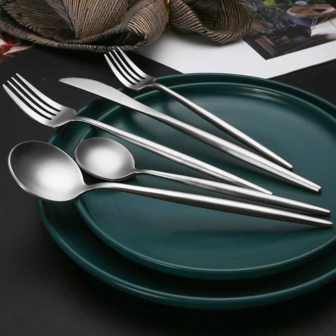 40 Pieces Silverware Set, Stainless Steel Flatware Set for 8, Satin Finish Spoons and Forks Silverware Set, Silver Cutlery Utensils Set, Dishwasher Safe
