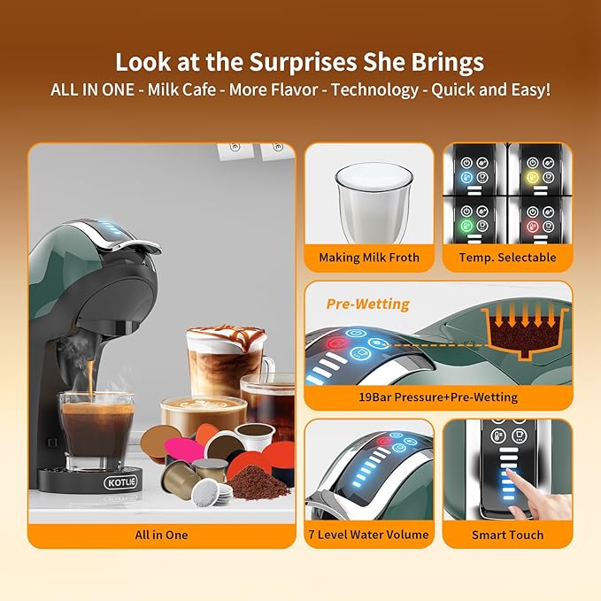 KOTLIE Espresso 5in1 Single Serve Coffee Maker, 19Bar Cappuccino&Latte Maker, Cold&Hot Brewing Coffee Machine for K*cup/NES*presso Original/D*olce G*usto/Ground Coffee/44mm ESE(Dark Green)