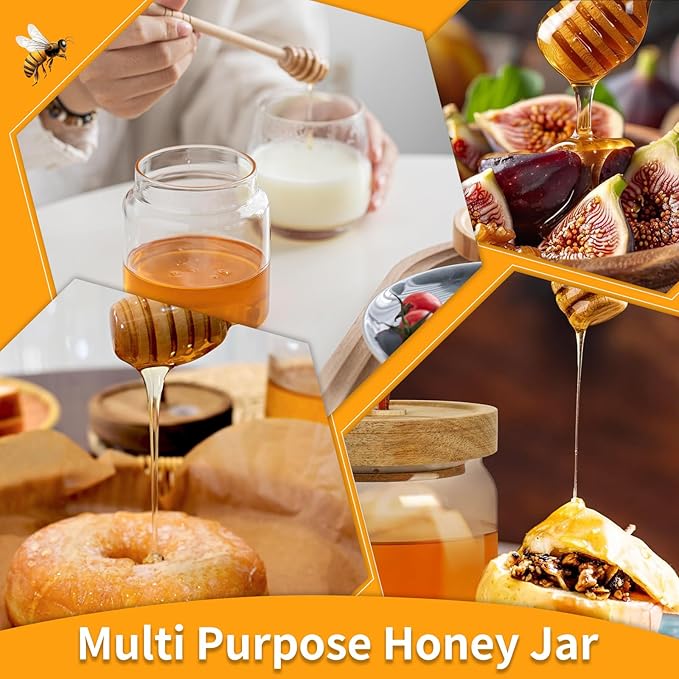 No Drip 18oz Glass Honey Jars with Wooden Dipper & Airtight Lid, Leakproof Kitchen Storage for Raw Honey Pot with Stick