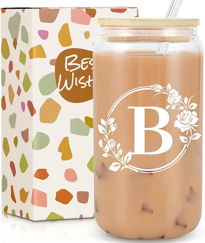 Birthday Gifts for Women, Monogrammed Initial Glass Cup Personalized Gifts for Women, 16oz Glass Cups with Lids and Straws, Iced Coffee Cup, Beer Can Shaped - Gift for Christmas, Birthday, B