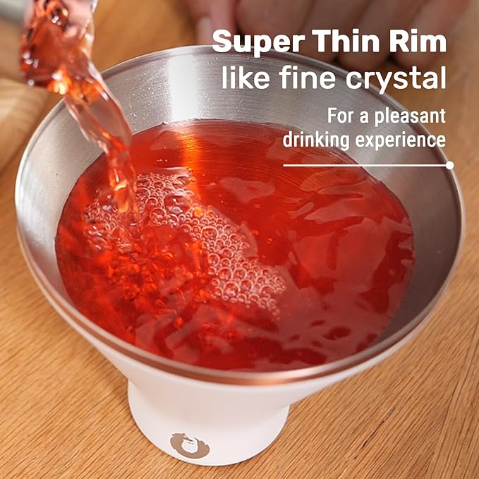 SNOWFOX Premium Vacuum Insulated Stainless Steel Martini Glass, Set of 2, Martinis Stay Icy Cold, Stemless Cocktail Glasses, Elegant Home Entertaining, Bold Beautiful Barware Set, 8 oz, White/Gold