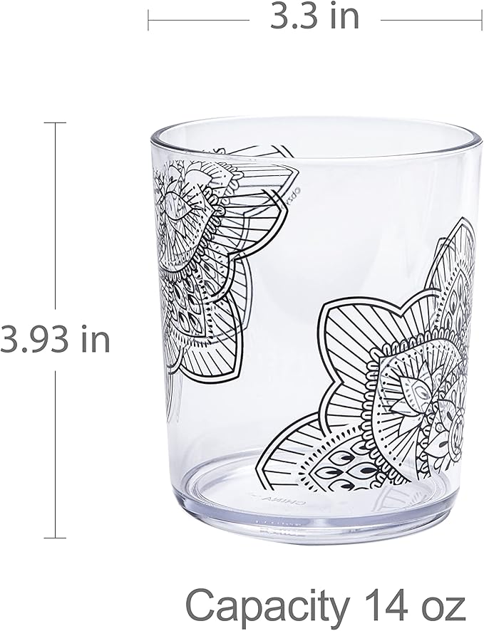 bzyoo BPA-Free Designed Dishwasher Safe 14 oz Plastic Tumbler Set which is Durable and Stackable Great For Parties, Anniversaries (6 PCS, Mandala Black)