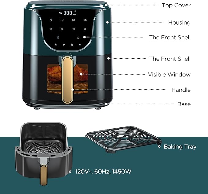 HAUSHOF 5.8 QT Air Fryer Small Oven, Digital Oil-Less Cooker 1450 W Airfryer, 8 Presets Cooking Functions, Time & Temperature Control, with Nonstick Tray, Green