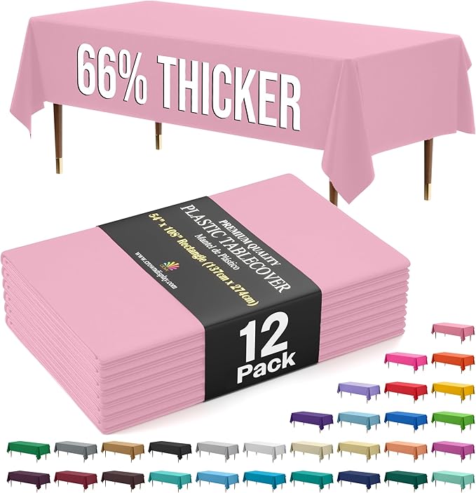 Exquisite 66% Thicker Premium Plastic Table Cloth Rectangle Table Cover 0.5 Mil 12 Pack Pink Table Cloth 54 Inch x 108 Inch Disposable Tablecloth Won't Tear Easily Like Cheap Thin Brands