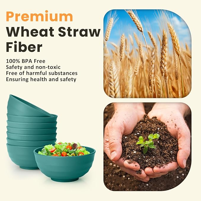 Homienly Large Bowls for Eating: Set of 8 Unbreakable 60oz Wheat Straw Bowls, Non-Plastic & Microwave Safe for Everyday Salad, Soup & Oatmeal (Green)