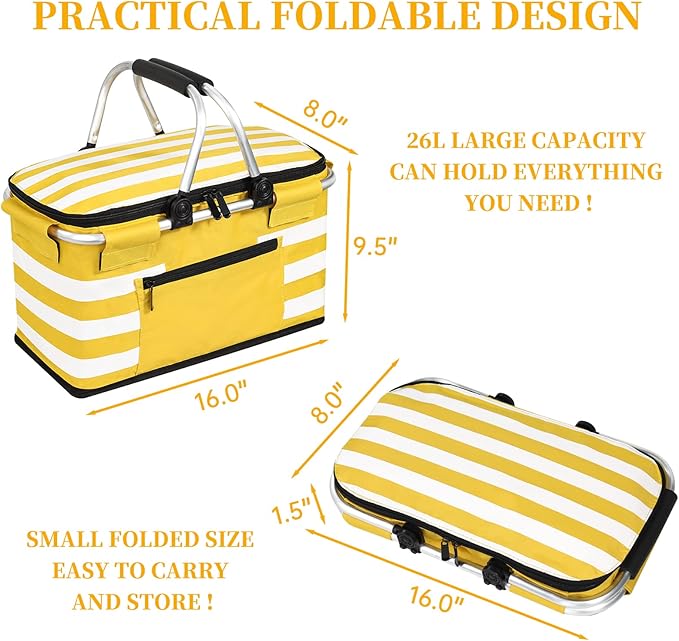 Insulated Picnic Basket,Leak-Proof Collapsible Cooler Bag,26L Grocery Basket with Lid,2 Sturdy Handles,Storage Basket for Picnic,Food Delivery,Take Outs,Market Shopping,Travel (Yellow)