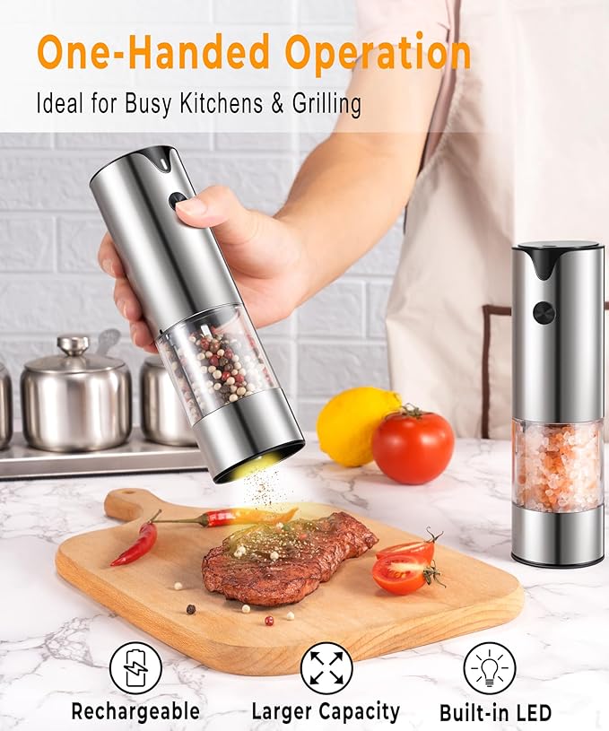 Rechargeable Electric Salt and Pepper Grinder Set - Extra Large Capacity - Automatic Black Peppercorn & Sea Salt Spice Mill Set with Adjustable Coarseness & LED Light Refillable