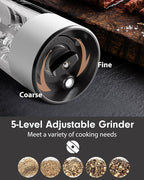 TOMEEM Upgraded Larger Capacity Electric Salt and Pepper Grinder Set Rechargeable with LED lights, Stainless Steel Automatic Pepper and Salt Grinder Refillable with 5 Adjustable Coarseness White