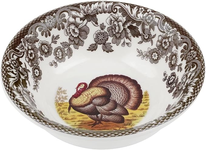 Spode Woodland Turkey Mini Bowl - Iconic 5" Fine Earthenware Dish for Dips or Sauces, Thanksgiving Tableware with British Flowers Border - Microwave, Freezer, Dishwasher Safe, Made in England