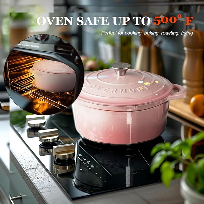 Overmont Enameled Cast Iron Dutch Oven - 5.5QT Pot with Lid Cookbook & Cotton Potholders - Heavy-Duty Cookware for Braising, Stews, Roasting, Bread Baking pink