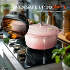 Overmont Enameled Cast Iron Dutch Oven - 7QT Pot with Lid Cookbook & Cotton Potholders - Heavy-Duty Cookware for Braising, Stews, Roasting, Bread Baking pink