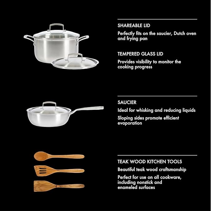 Babish 10-Piece Professional Tri-Ply Non-Toxic Pots and Pans Cookware Set – Durable, Even Heat Distribution for Cooking and Baking