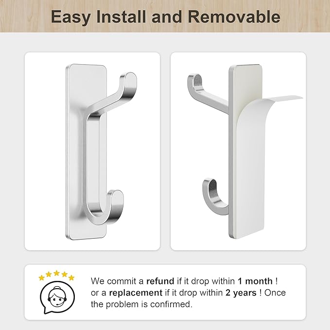pickpiff Wall Hooks for Coat and Towel: 13LB Adhesive Door Hanger Stick on, Silver 4 Pack