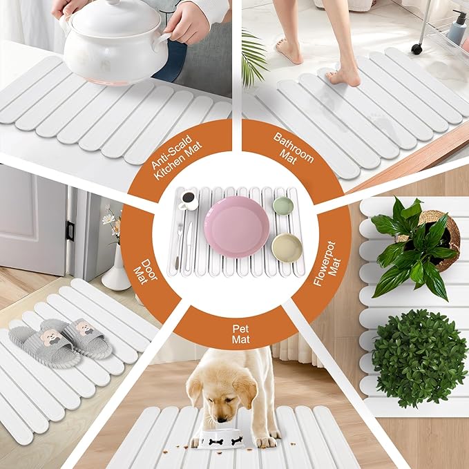 Stone Drying Mat for Kitchen Counter, Large Stone Dish Drying Mat Foldable Diatomaceous Earth Water Absorbing Mat for Dishes Bottles Cups Match Any Countertop White 24" x 16"