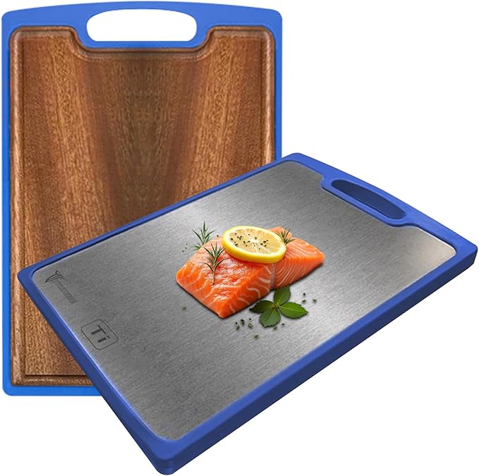 Titanium Cutting Boards for Kitchen - Dual-Sided Cutting Board with Pure Titanium and Wood Surface, Durable Chopping Board, Easy to Clean with Juice Groove - Large 15 x 10 (Blue)
