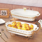 10" x 7" Ceramic Casserole Dish with Glass Lid and Rack, 40 ounce Serving Soup Tureen,Chafing Dish for Buffet, Family Food preserve Tray, Catering Casserole for Party Style, White
