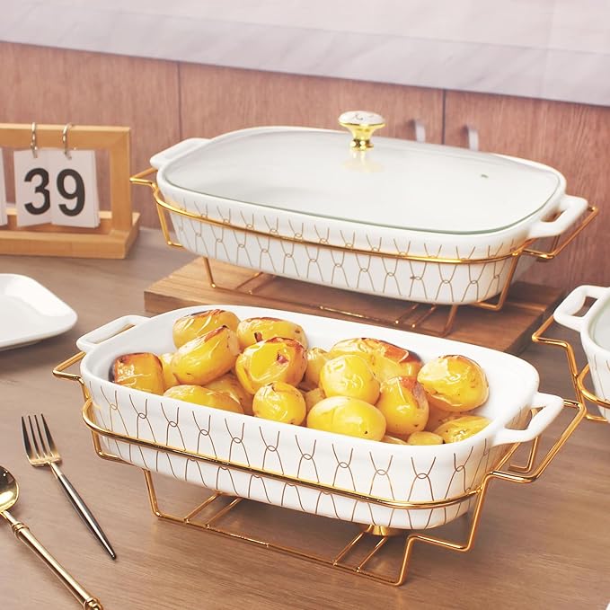 9" x 6" Ceramic Casserole Dish with Glass Lid and Rack, 30 ounce Serving Soup Tureen,Chafing Dish for Buffet, Family Food preserve Tray, Catering Casserole for Party Style, White