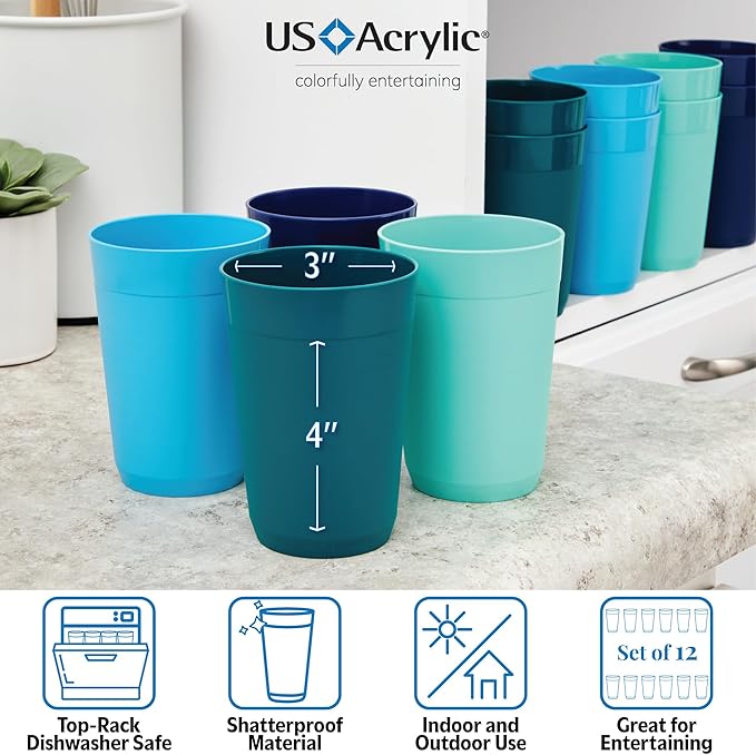 US Acrylic Newport 10 ounce Unbreakable Plastic Stackable Juice Tumblers in Coastal Colors | Set of 12 Drinking Cups | Reusable, BPA-free, Made in the USA, Top-rack Dishwasher and Microwave Safe