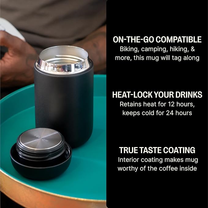 Fellow Carter Coffee Mug 16 oz For Travel - Wide Mouth Vacuum-Insulated Stainless Steel Tea and Coffee Tumbler with Ceramic Interior - Matte Black