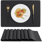 MOSAYT Vinyl Placemats Set of 8, Heat Resistant Place Mats 100% Waterproof Washable & Wipeable Faux Leather Reversible Table Mats for Kitchen Dining Party Indoor Outdoor, 12" x 17", Black