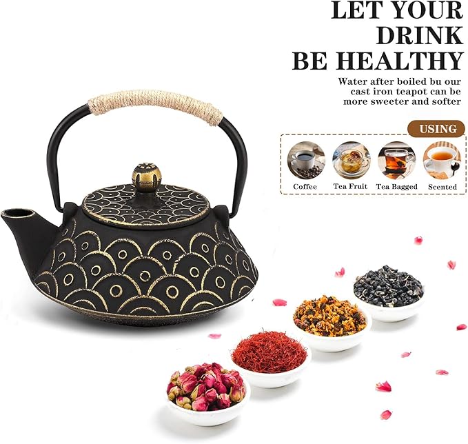 Japanese Tea Kettle Cast Iron Teapot, Teapot Infuser Strainer Set Chinese Black with Gold Wave Pattern with Stainless Steel Filter 30oz/0.9L