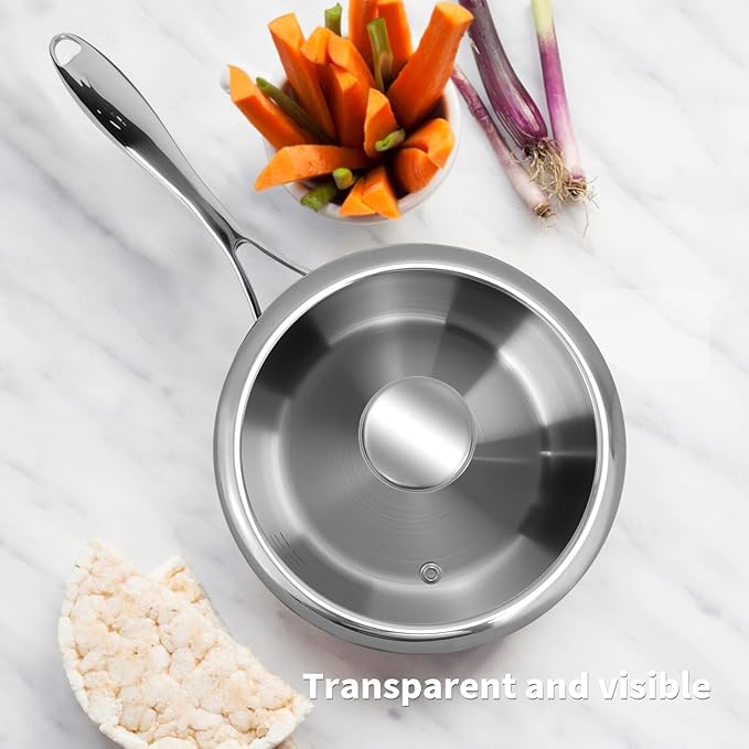 Woogim 304 Stainless Steel Saucepan with Ergonomic Curved Handle,Includes Glass Lid, Easy to Clean Non-stick Multipurpose Sauce Pot 2 Quart Perfect for Milk,Soups,and Sauces