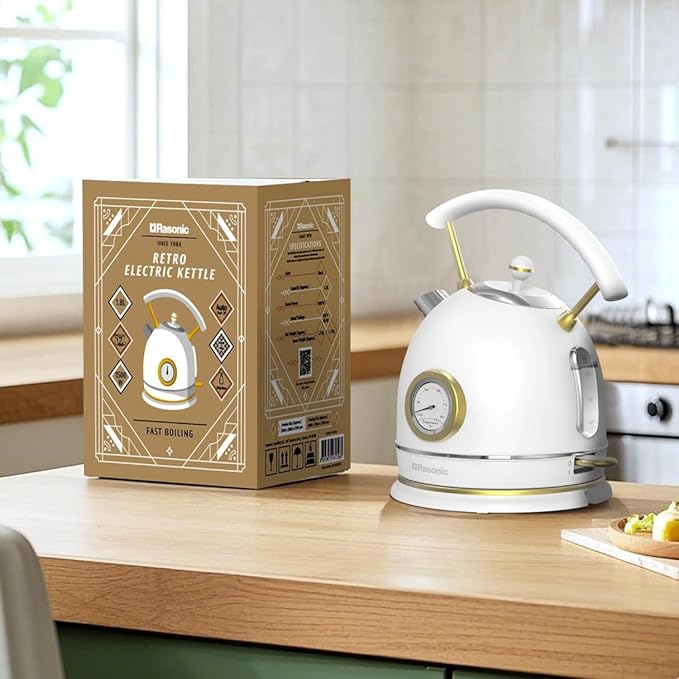 Rasonic Retro Electric Kettle Stainless Steel, 1.8L Tea Water Boiler, 1500W Fast Quiet Boil, Temperature Gauge, Auto Shut-Off, Boil-Dry Protection, White Champagne Gold