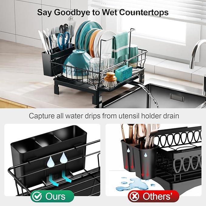 GSlife Dish Drying Rack with Sponge Holder for Kitchen Counter - Small Dish Racks for RV and Small Apartment, Compact Dish Drainer with Utensil Holder and Drain Spout, Black