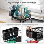 GSlife Dish Drying Rack with Sponge Holder for Kitchen Counter - Small Dish Racks for RV and Small Apartment, Compact Dish Drainer with Utensil Holder and Drain Spout, Black