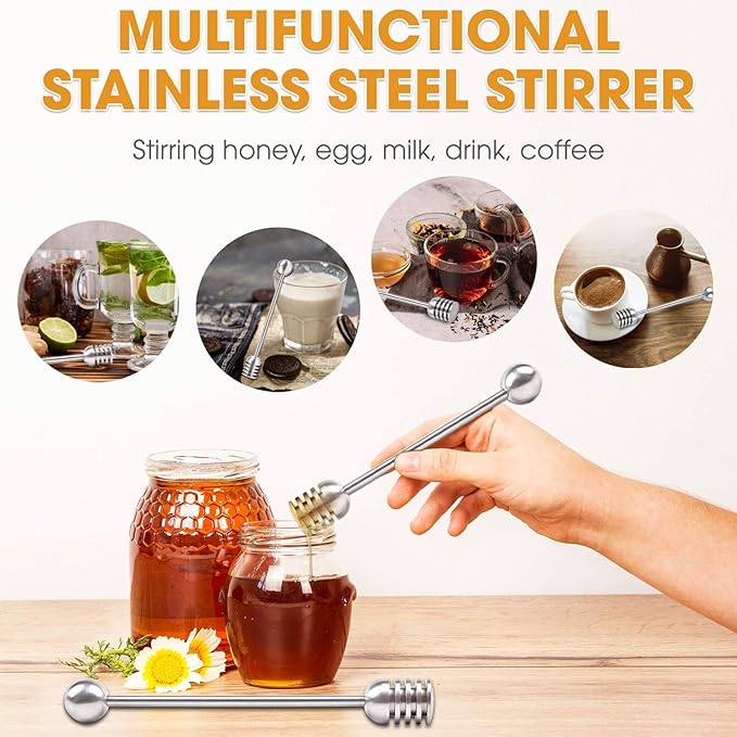 DUGATO Honey Dipper Set (2 Pack, 6.3") - 304 Stainless Steel Honeycomb Sticks for Honey Pot Jar, Syrup Drizzler, Tea & Coffee Stirrer - Elegant Kitchen Utensil (Stainless Steel)