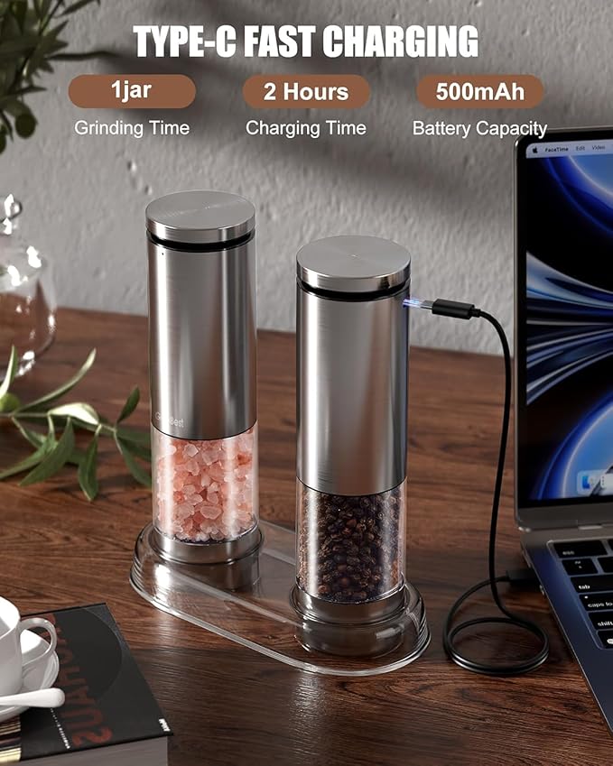GiveBest Electric Salt and Pepper Grinder Set – Rechargeable Stainless Steel Mills, 100 ml Automatic Shakers Set with 6-Level Adjustable Coarseness and Light, Upgraded Larger Capacity
