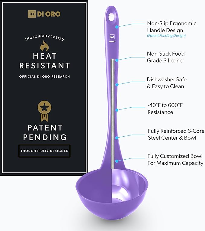 DI ORO Silicone Ladle – Soup Ladle for Cooking & Serving Heat-Resistant - Large Kitchen Ladle Nonstick Cookware Safe - Soup Serving Spoon with Wide Bowl - Silicone Utensil Dishwasher Safe (Lavender)