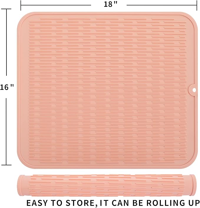 Silicone Dish Drying Mat for Multiple Usage,Easy clean,Eco-friendly,Heat-resistant Silicone Mat for Kitchen Counter or Sink,Refrigerator or Drawer Liner Pink XL 18 inches x 16 inches