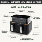 GreenPan Clearview 10QT Double Air Fryer, 360° Clear Window, PFAS-Free Ceramic Nonstick 5QT Drawers & Trays, Dual Cooking, 12-Presets, Shake Reminder, Keep Warm, Dishwasher Safe Parts