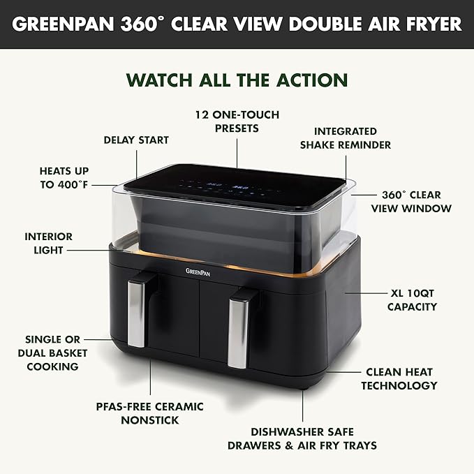 GreenPan Clearview 10QT Double Air Fryer, 360° Clear Window, PFAS-Free Ceramic Nonstick 5QT Drawers & Trays, Dual Cooking, 12-Presets, Shake Reminder, Keep Warm, Dishwasher Safe Parts