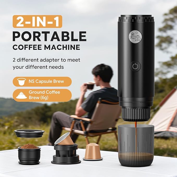 Portable 2-in-1 Coffee Maker, Portable 19 Bar Espresso Machine with Automatic Heating, Compatible with NS and Ground Coffee for Camping, Hiking Travel and Home (Black)