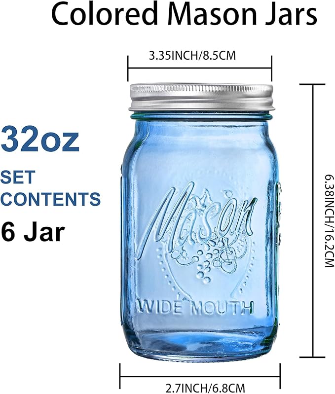 WELLIFE Blue Mason Jars 32 oz, 6 Pack wide mouth mason jars for Canning, Pickling, Food Storage, Fermenting, DIY Crafts & Decor, Glass Jar with Lid