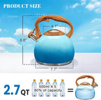 GGC Tea Kettle for Stove Top, 3.1QT/3L Whistling Tea Kettles for Boiling Water Coffee or Milk, Gradient Blue Tea Pot with Wood Parttern Handle, Stainless Steel Tea Pots for Home and Kitchen